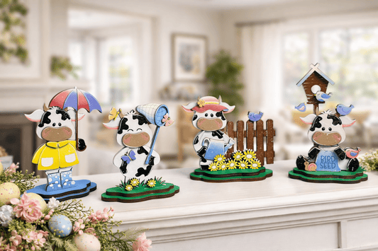 Spring Cow Decor Set | Farmhouse Tiered Tray Decor | Wooden Cow Figurines | Spring Farm Decor | Easter Shelf Sitters | Country Kitchen Decor - Nifty Decor & More