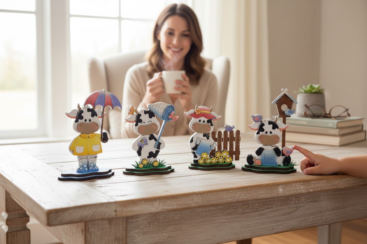 Spring Cow Decor Set | Farmhouse Tiered Tray Decor | Wooden Cow Figurines | Spring Farm Decor | Easter Shelf Sitters | Country Kitchen Decor - Nifty Decor & More