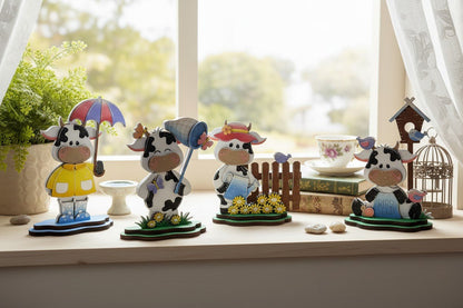 Spring Cow Decor Set | Farmhouse Tiered Tray Decor | Wooden Cow Figurines | Spring Farm Decor | Easter Shelf Sitters | Country Kitchen Decor - Nifty Decor & More