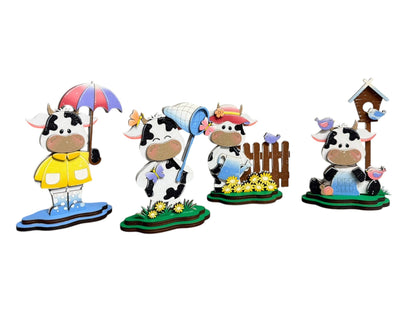 Spring Cow Decor Set | Farmhouse Tiered Tray Decor | Wooden Cow Figurines | Spring Farm Decor | Easter Shelf Sitters | Country Kitchen Decor - Nifty Decor & More