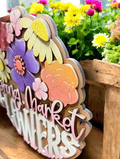 Spring Market Flowers Sign | Seasonal Decor for Home, Rustic Wooden Wall Art, Springtime Home Decoration & Gifts