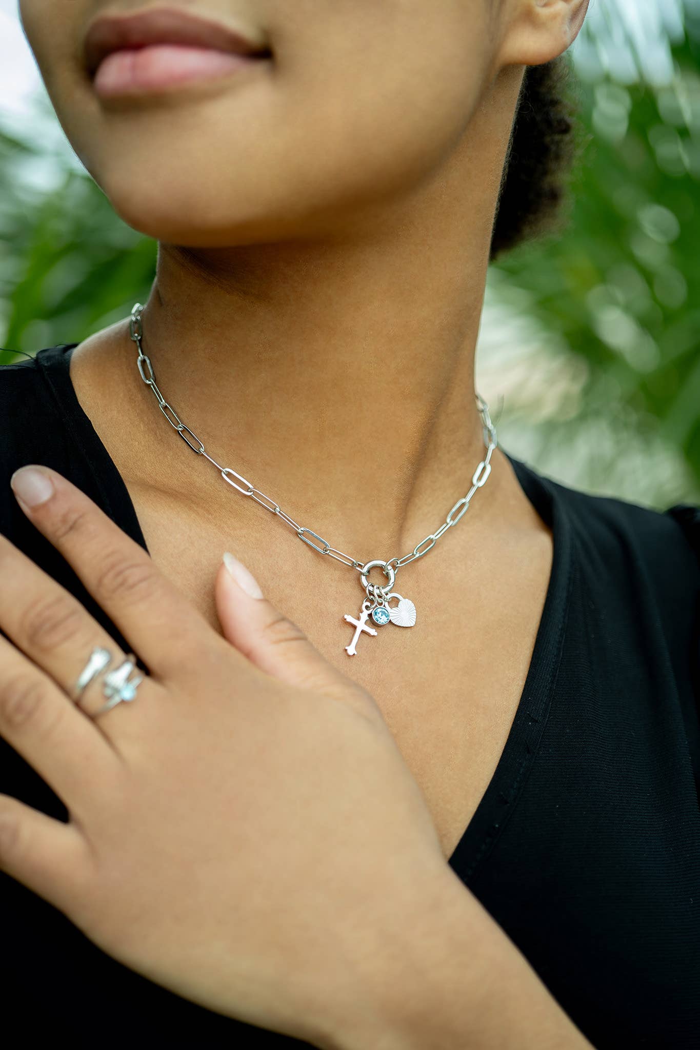 Stainless Steel Paperclip Carabiner Charm Holder Necklace: Stainless / 16"+2"