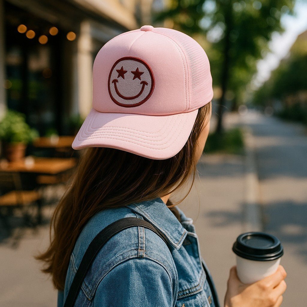 Star Eyed Happy Face Foam Trucker Hat, Fun Retro Style, Sun Protection & Cheer, Perfect Gift for Trendy Hat Lovers - Nifty Decor & More