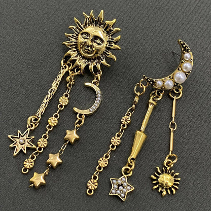 Star Fringe Asymmetric Sun Moon Post Earrings - MS - Nifty Decor & More