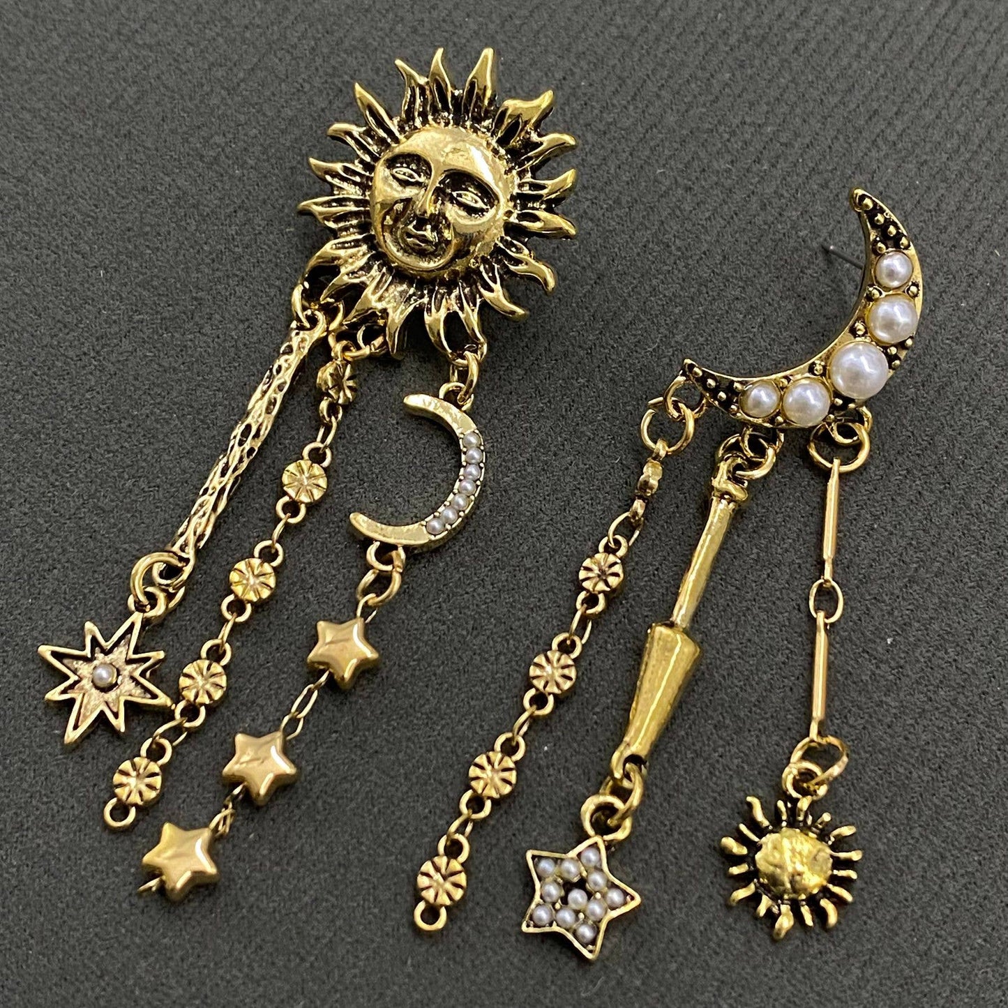 Star Fringe Asymmetric Sun Moon Post Earrings - MS - Nifty Decor & More