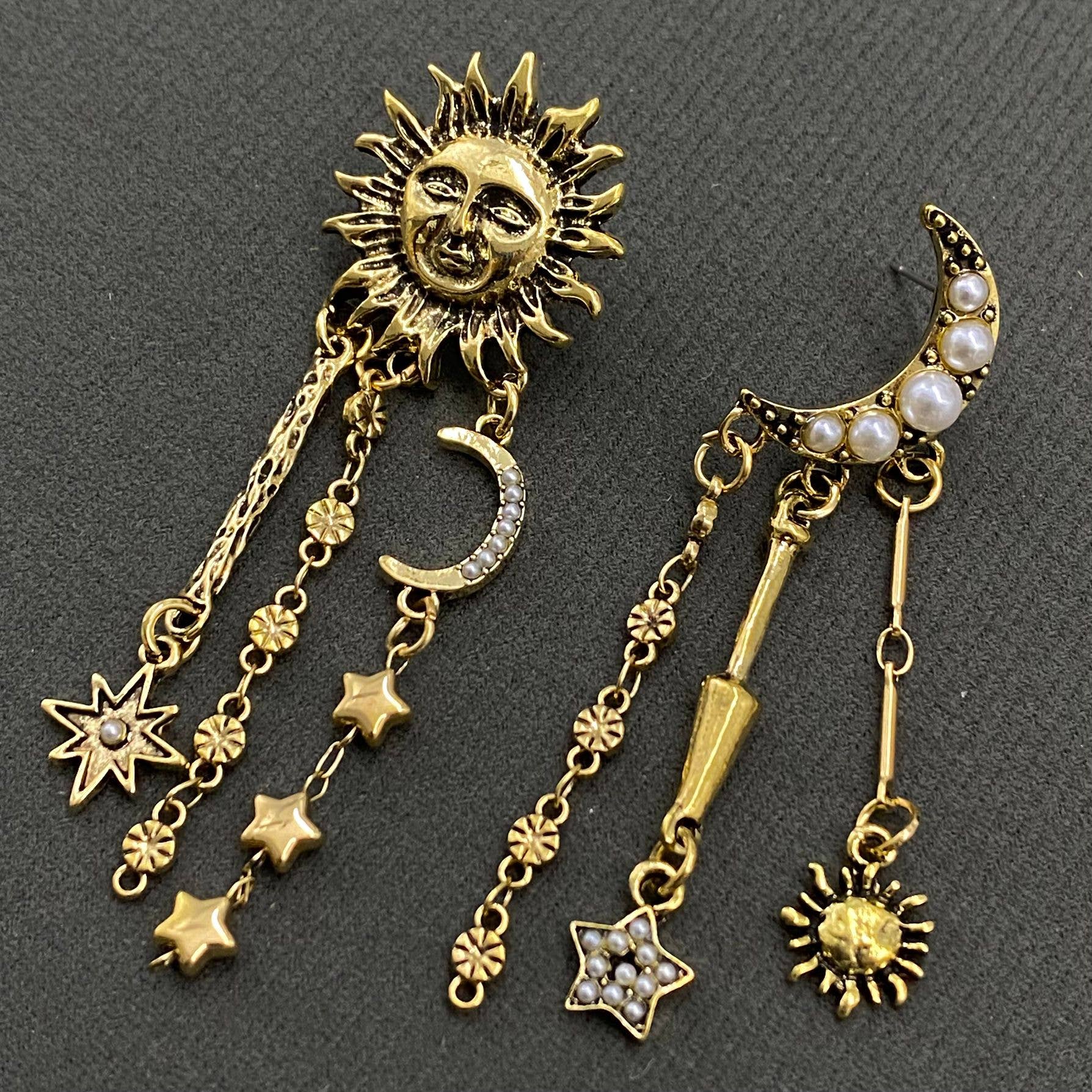 Star Fringe Asymmetric Sun Moon Post Earrings - MS - Nifty Decor & More