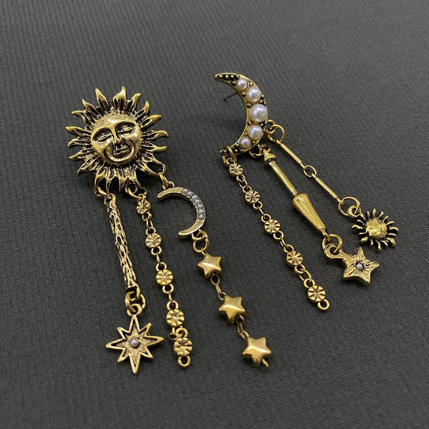 Star Fringe Asymmetric Sun Moon Post Earrings - MS - Nifty Decor & More