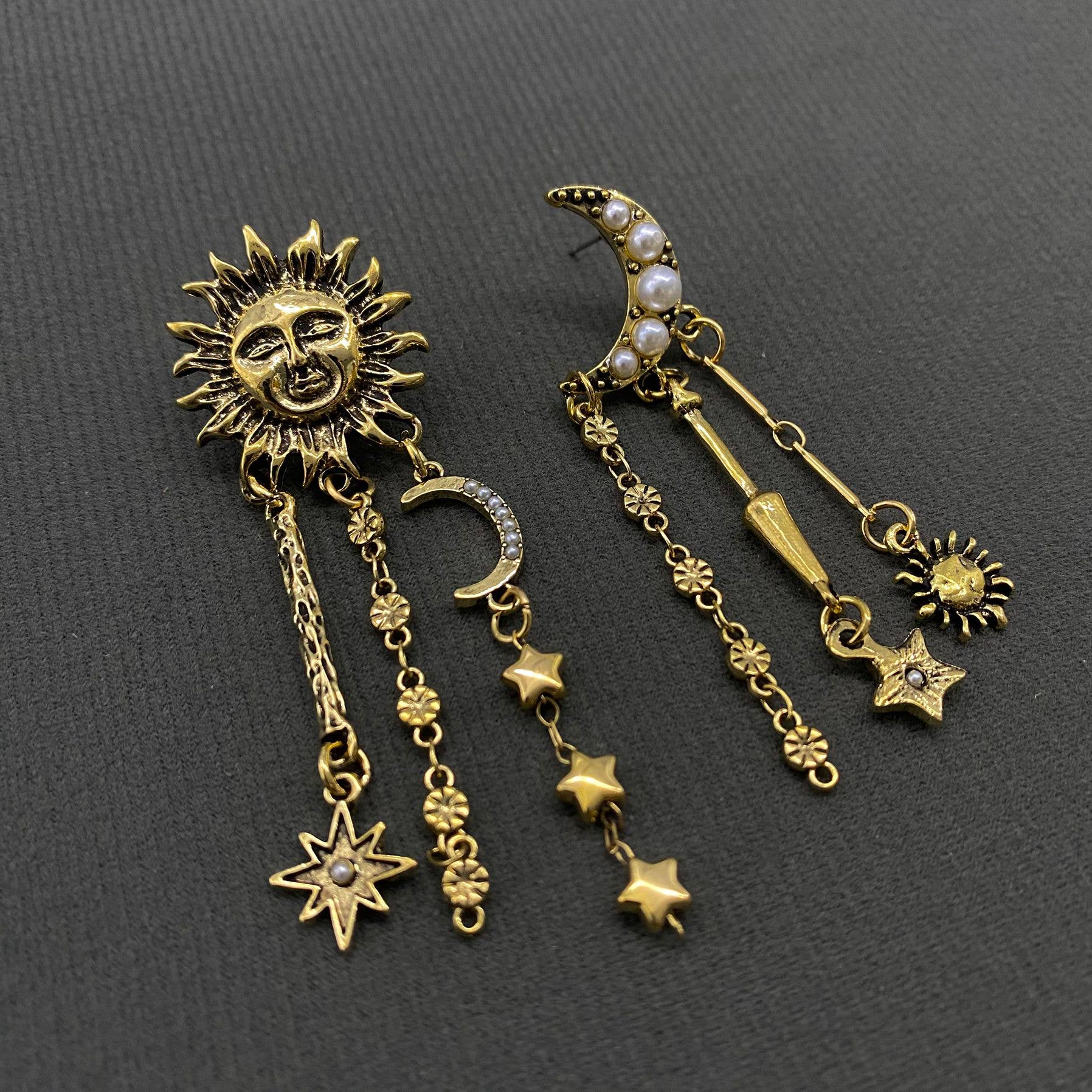 Star Fringe Asymmetric Sun Moon Post Earrings - MS - Nifty Decor & More