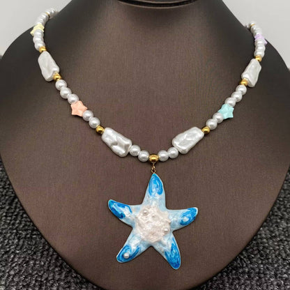 Starfish Charm Beaded Necklace, 18K Gold Plated Enamel Beachwear Jewelry, Gift for Her Sun-Kissed Style Vibes charm necklace