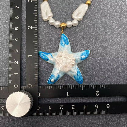Starfish Charm Beaded Necklace, 18K Gold Plated Enamel Beachwear Jewelry, Gift for Her Sun-Kissed Style Vibes charm necklace