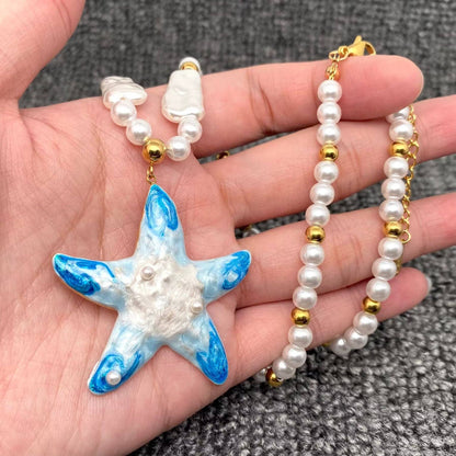 Starfish Charm Beaded Necklace, 18K Gold Plated Enamel Beachwear Jewelry, Gift for Her Sun-Kissed Style Vibes charm necklace