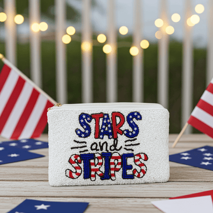"Stars And Stripes" Beaded Zipper Coin Purse w/ Wristlet - Nifty Decor & More