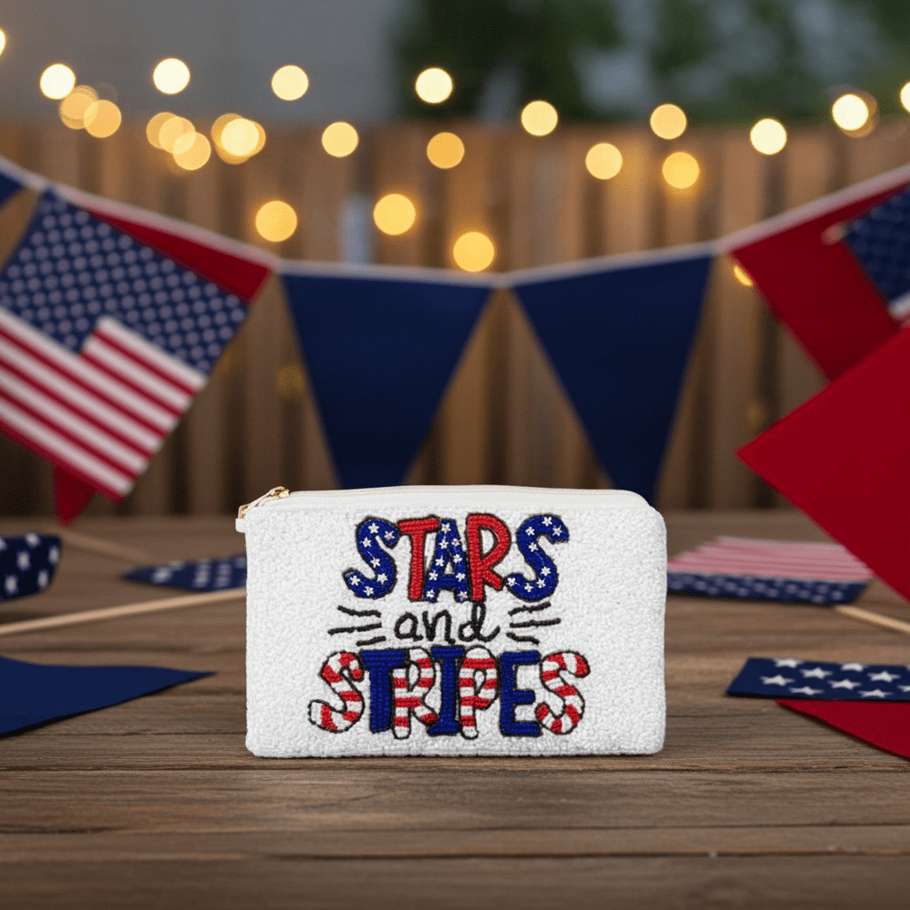 "Stars And Stripes" Beaded Zipper Coin Purse w/ Wristlet - Nifty Decor & More