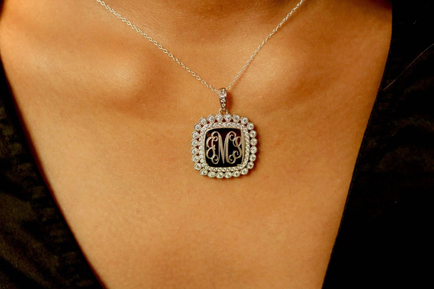 Sterling Silver Decorative Large Soft Square CZ Engravable Necklace - Nifty Decor & More