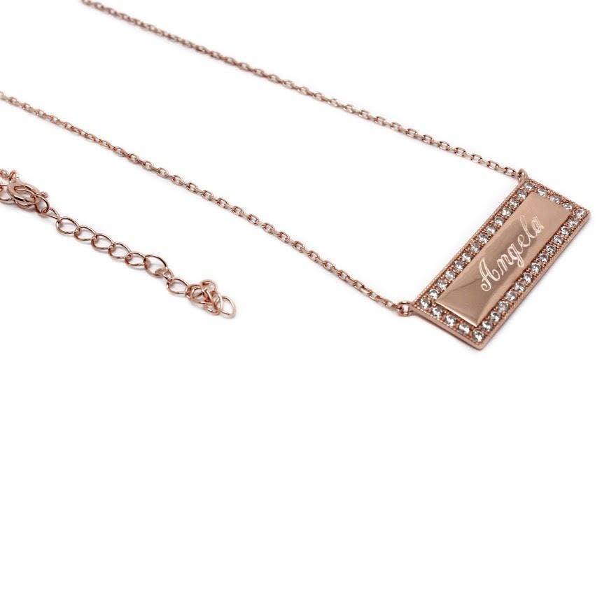 Sterling Silver Engraveable CZ Bar Necklace - Nifty Decor & More