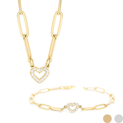 Stone Heart Paperclip Chain 18K Gold PVD Stainless Steel Set - Nifty Decor & More