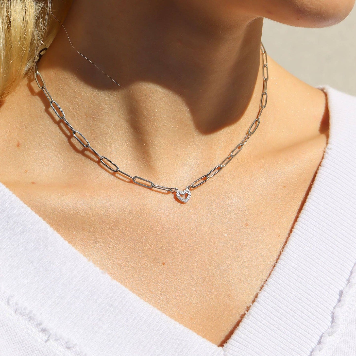 Stone Heart Paperclip Chain 18K Gold PVD Stainless Steel Set Chain Necklace Necklace Stainless ONLY