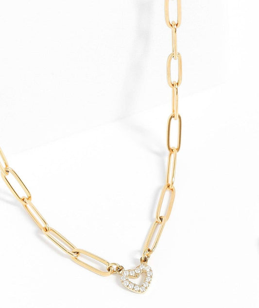 Stone Heart Paperclip Chain 18K Gold PVD Stainless Steel Set Chain Necklace Necklace Gold ONLY