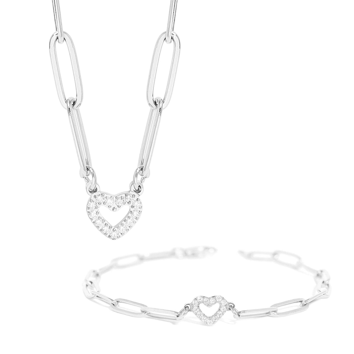 Stone Heart Paperclip Chain 18K Gold PVD Stainless Steel Set Chain Necklace Stainless SET