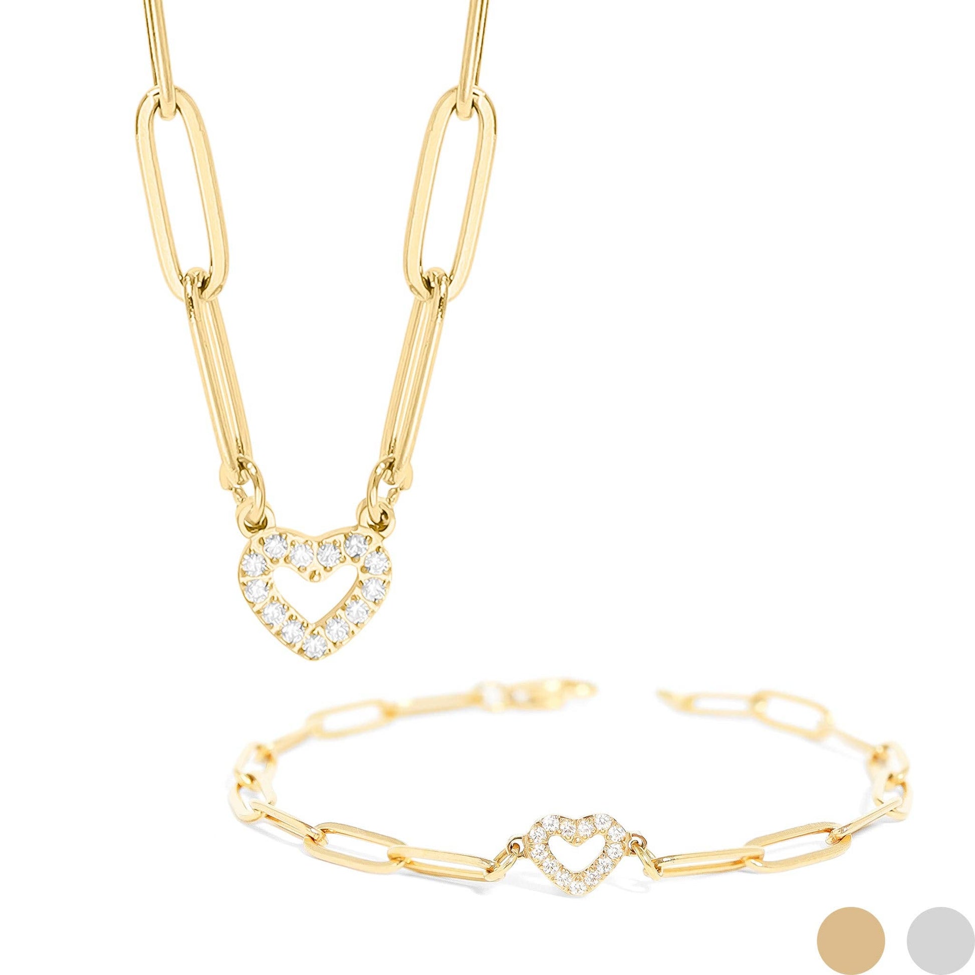 Stone Heart Paperclip Chain 18K Gold PVD Stainless Steel Set Chain Necklace Gold SET