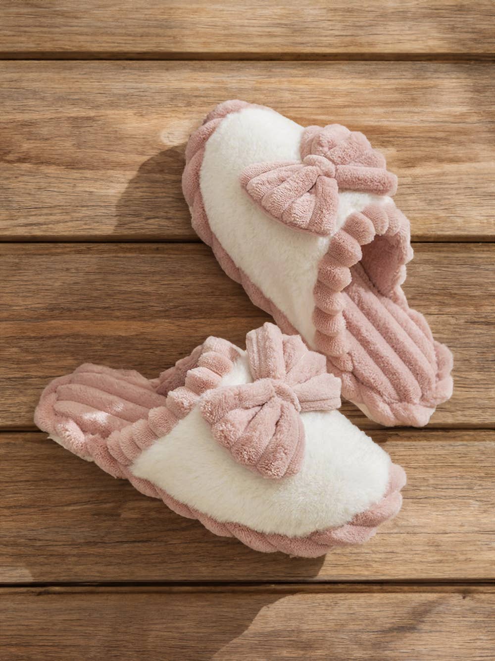Stylish Bow Slippers, Color Block Ribbed Plush Comfort, Perfect Girly Cozy Wear for Home Gift - Nifty Decor & More