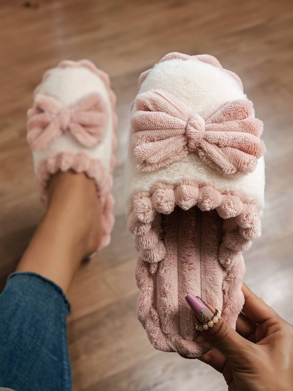 Stylish Bow Slippers, Color Block Ribbed Plush Comfort, Perfect Girly Cozy Wear for Home Gift - Nifty Decor & More
