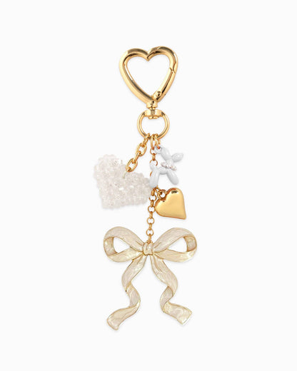 Sweet Bow Bag Charm with Beaded Heart WHITE, Cute Colorful Keychain for Purse or Backpack, Perfect Gift for Her