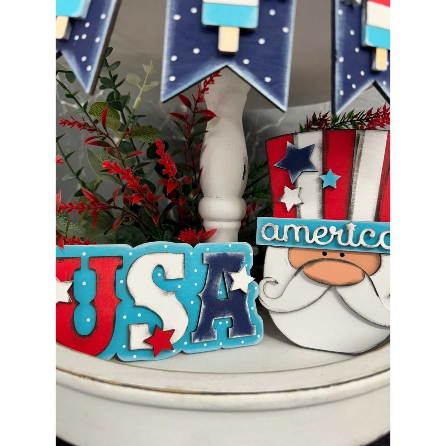Sweet Land of Liberty Patriotic Tiered Tray Decor Set Americana 4th of July Shelf Sitters - Nifty Decor & More