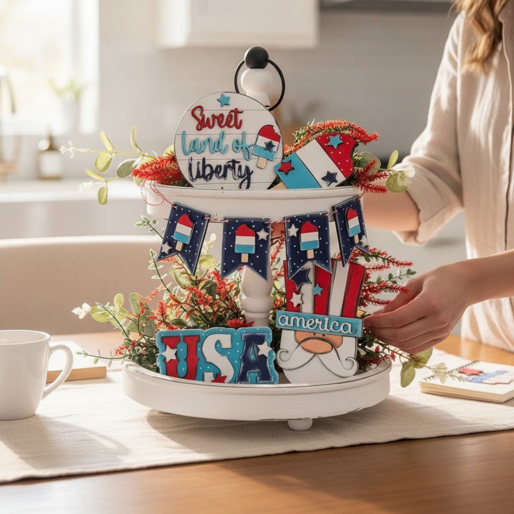 Sweet Land of Liberty Patriotic Tiered Tray Decor Set Americana 4th of July Shelf Sitters - Nifty Decor & More
