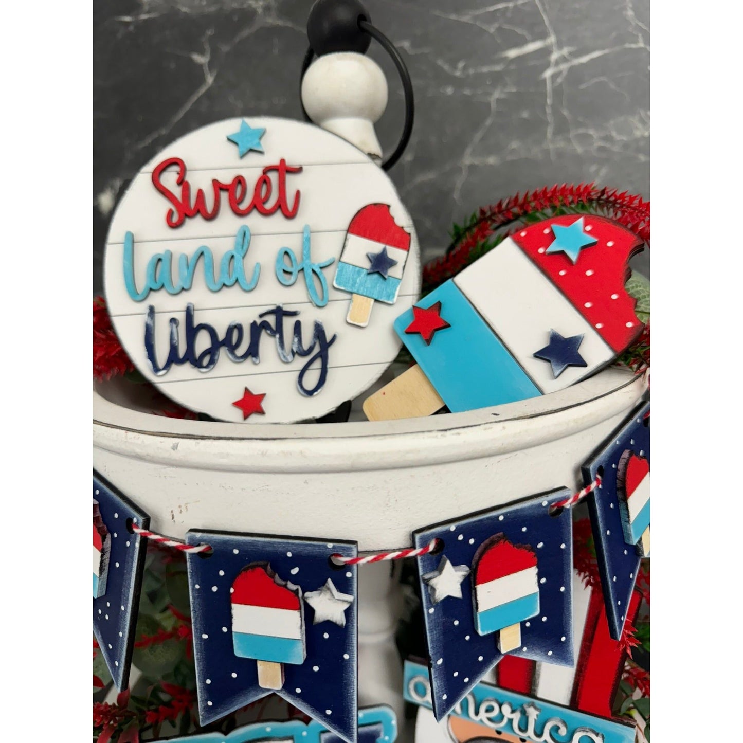 Sweet Land of Liberty Patriotic Tiered Tray Decor Set Americana 4th of July Shelf Sitters - Nifty Decor & More
