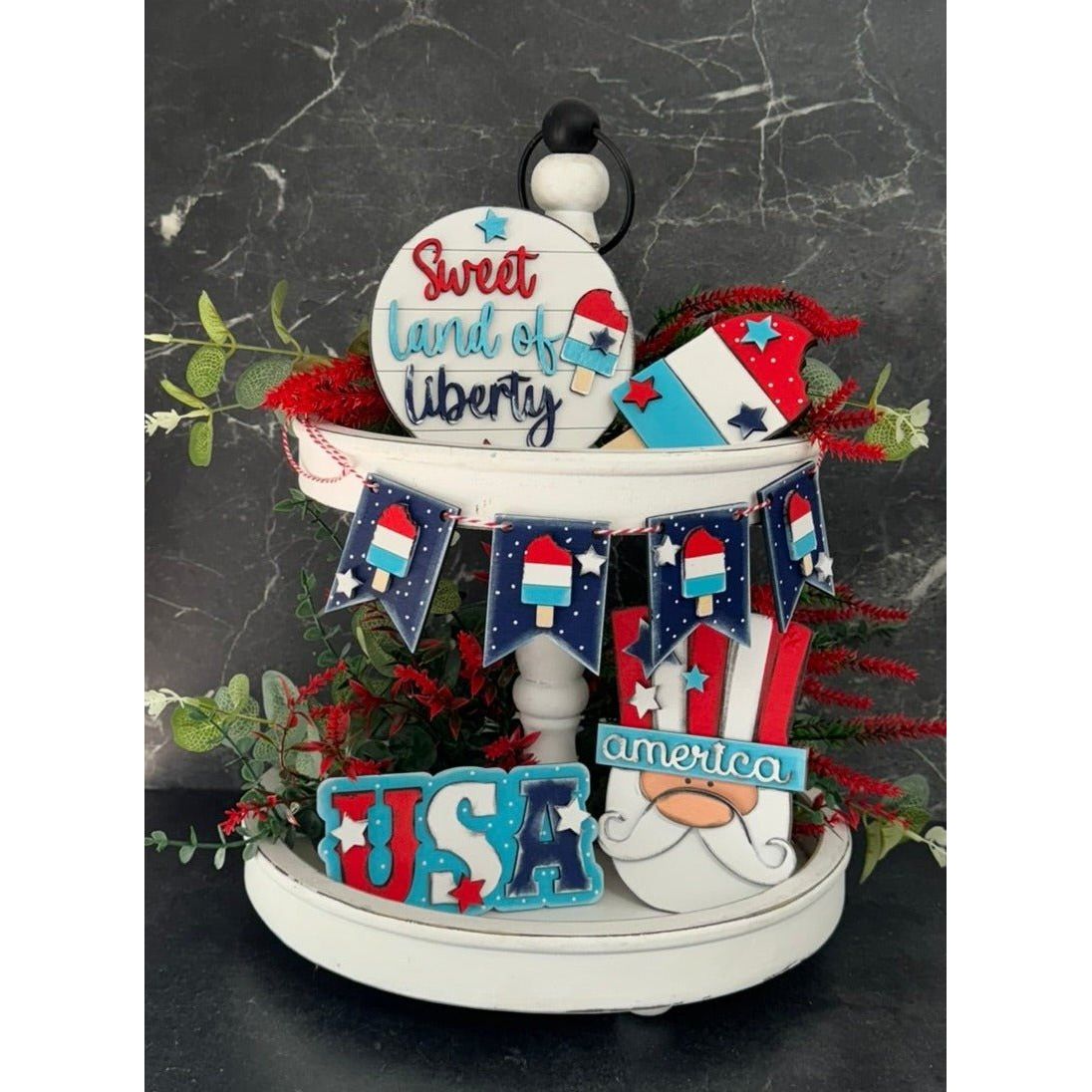 Sweet Land of Liberty Patriotic Tiered Tray Decor Set Americana 4th of July Shelf Sitters - Nifty Decor & More