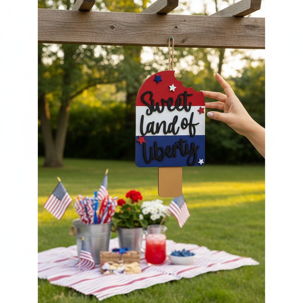 Sweet Land of Liberty Popsicle Patriotic Wood Door Hanger - Nifty Decor & More