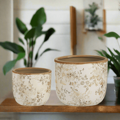 Taupe Floral Cache Pots - 8" Decorative Planters for Home, Eco - Friendly, Stylish Plant Containers & Unique Home Decor - Nifty Decor & More