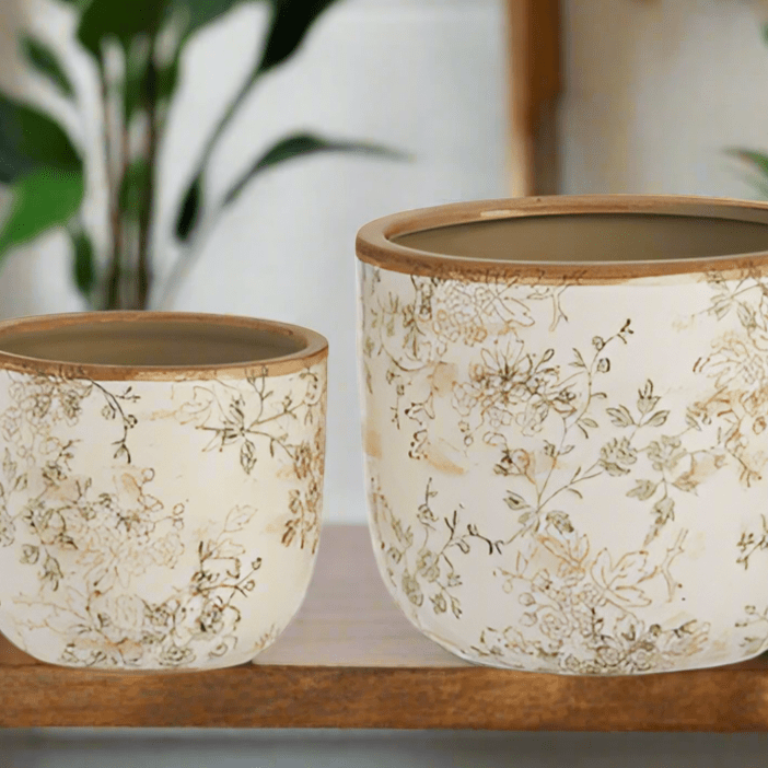 Taupe Floral Cache Pots - 8" Decorative Planters for Home, Eco - Friendly, Stylish Plant Containers & Unique Home Decor - Nifty Decor & More
