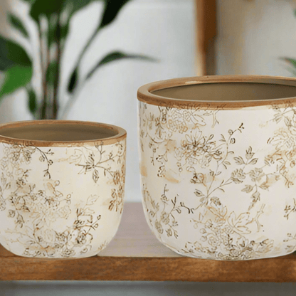 Taupe Floral Cache Pots - 8" Decorative Planters for Home, Eco - Friendly, Stylish Plant Containers & Unique Home Decor - Nifty Decor & More