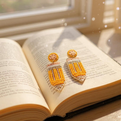 Beaded Pencil Earrings, Bold Yellow Pink Gold, Perfect Teacher Accessory, Fun Teacher Appreciation Gift Teacher Accessories