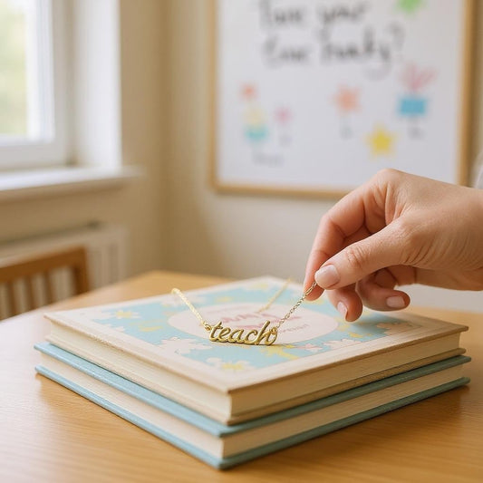 Hand placing a 'teach' necklace on a stack of books with a window and framed picture in the background.