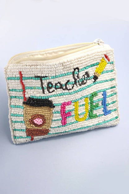 Teacher Fuel Coin Purse Pouch, Vibrant Seedbead Handmade Small Bag, Ideal for Coins and Essentials, Unique Gift for Teachers