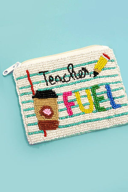 Teacher Fuel Coin Purse Pouch, Vibrant Seedbead Handmade Small Bag, Ideal for Coins and Essentials, Unique Gift for Teachers