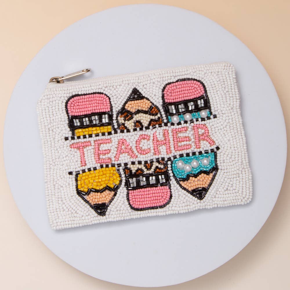 Teacher Pencil Seed Beaded Coin Bag with Pearl Accents - Nifty Decor & More