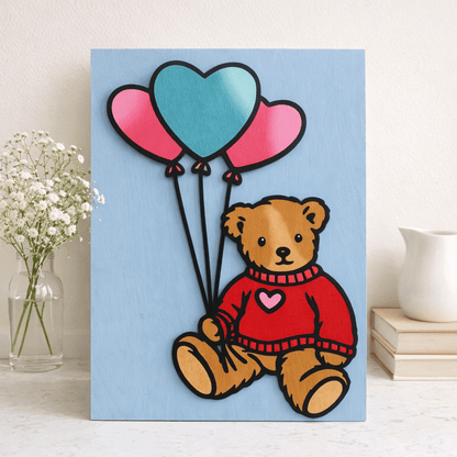 Teddy Bear Valentine Sign with Heart Balloons | Pink Coquette Nursery Decor | Valentine Wooden Wall Art | Girls Room Decor - Nifty Decor & More