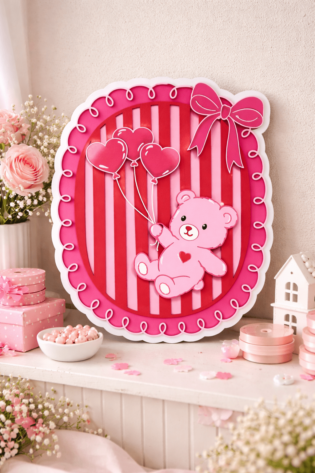 Teddy Bear With Heart Balloons Wall Decor | Pink Teddy Bear Wall Hanging | Baby Girl Room Decor | Sweet Everyday Decor - Nifty Decor & More