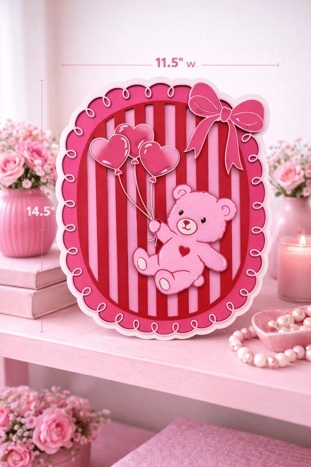 Teddy Bear With Heart Balloons Wall Decor | Pink Teddy Bear Wall Hanging | Baby Girl Room Decor | Sweet Everyday Decor - Nifty Decor & More