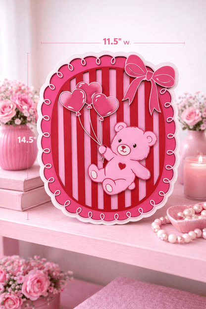 Teddy Bear With Heart Balloons Wall Decor | Pink Teddy Bear Wall Hanging | Baby Girl Room Decor | Sweet Everyday Decor - Nifty Decor & More