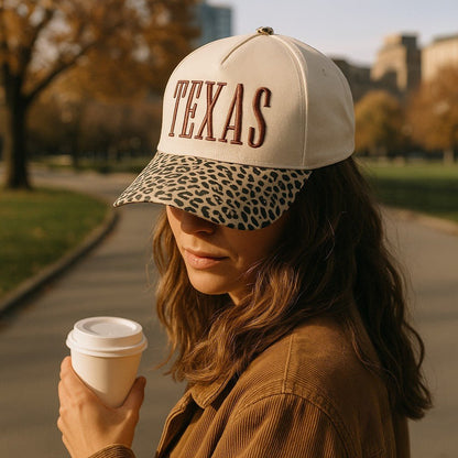 TEXAS Embroidery Leopard Two-Tone Trucker Hat, Chic Cowgirl Vibes for Everyday Wear, Ideal Gift for Texas Lovers & Fashionistas