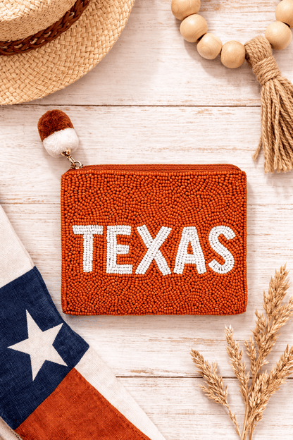 Texas White and Orange Background Beaded Coin Pouch - Nifty Decor & More