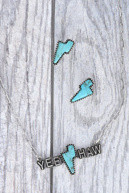 Thunderbolt Turquoise Stone "Yee Haw" Pendant Necklace Set - Nifty Decor & More