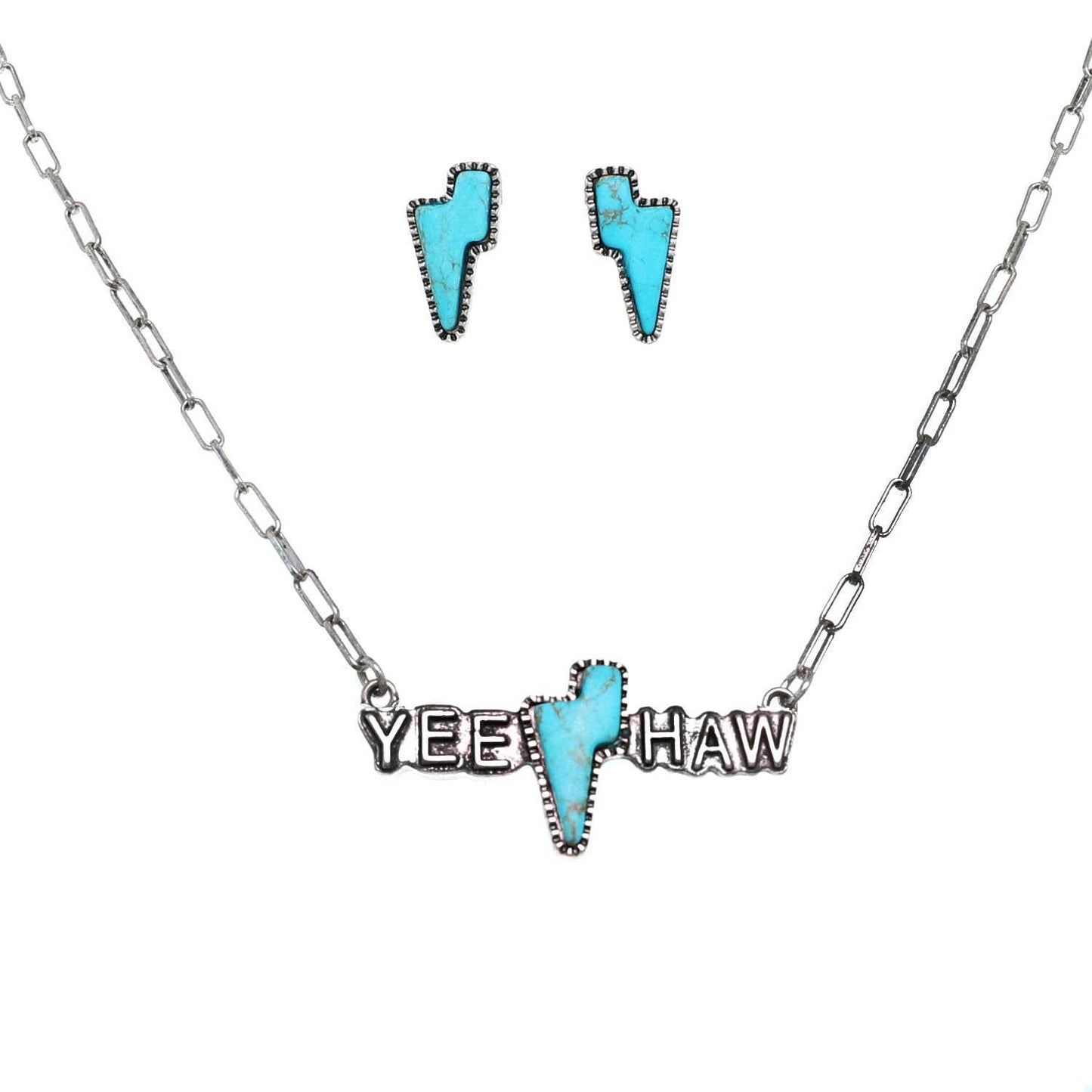 Thunderbolt Turquoise Stone "Yee Haw" Pendant Necklace Set - Nifty Decor & More