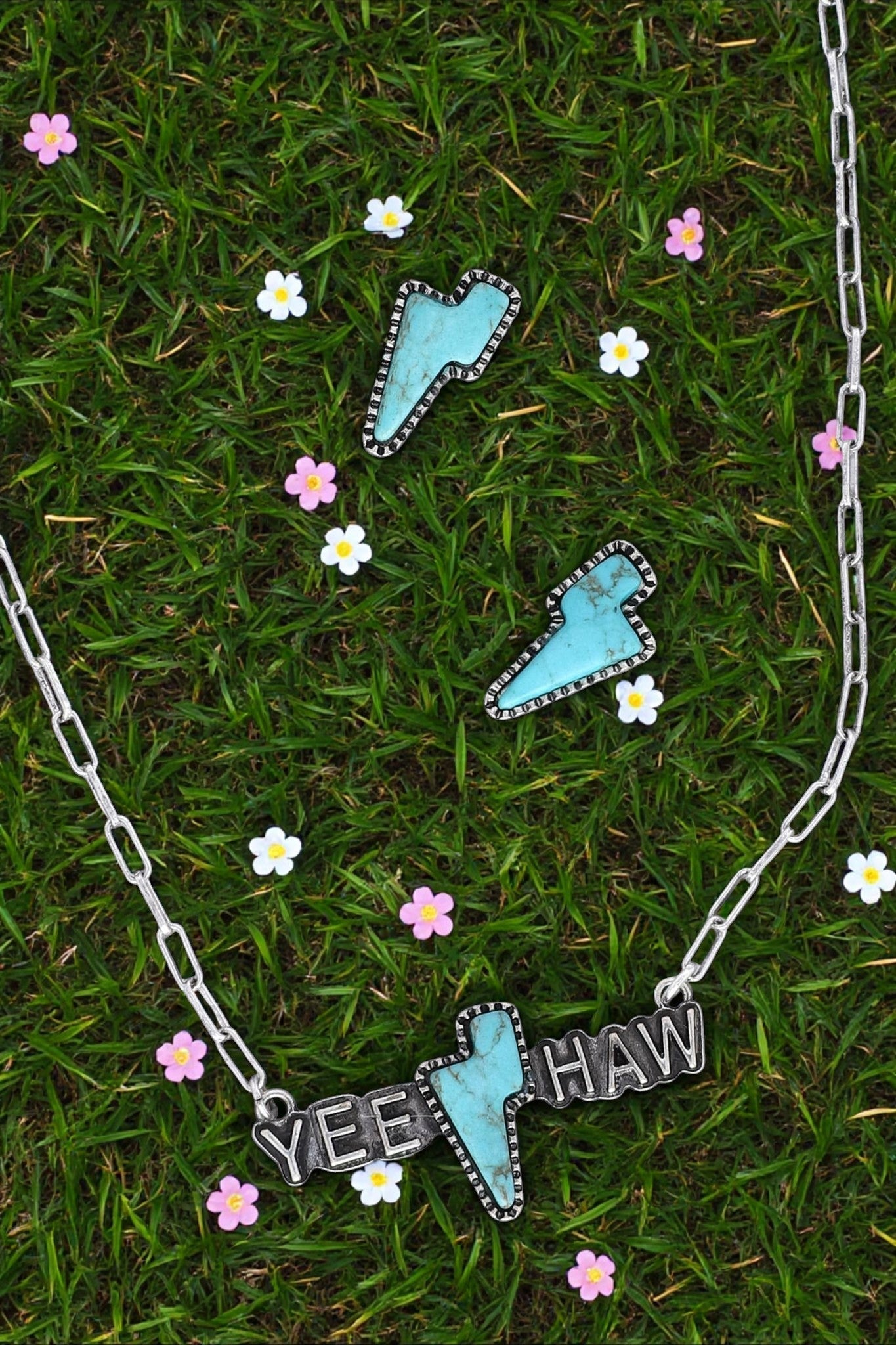 Thunderbolt Turquoise Stone "Yee Haw" Pendant Necklace Set - Nifty Decor & More