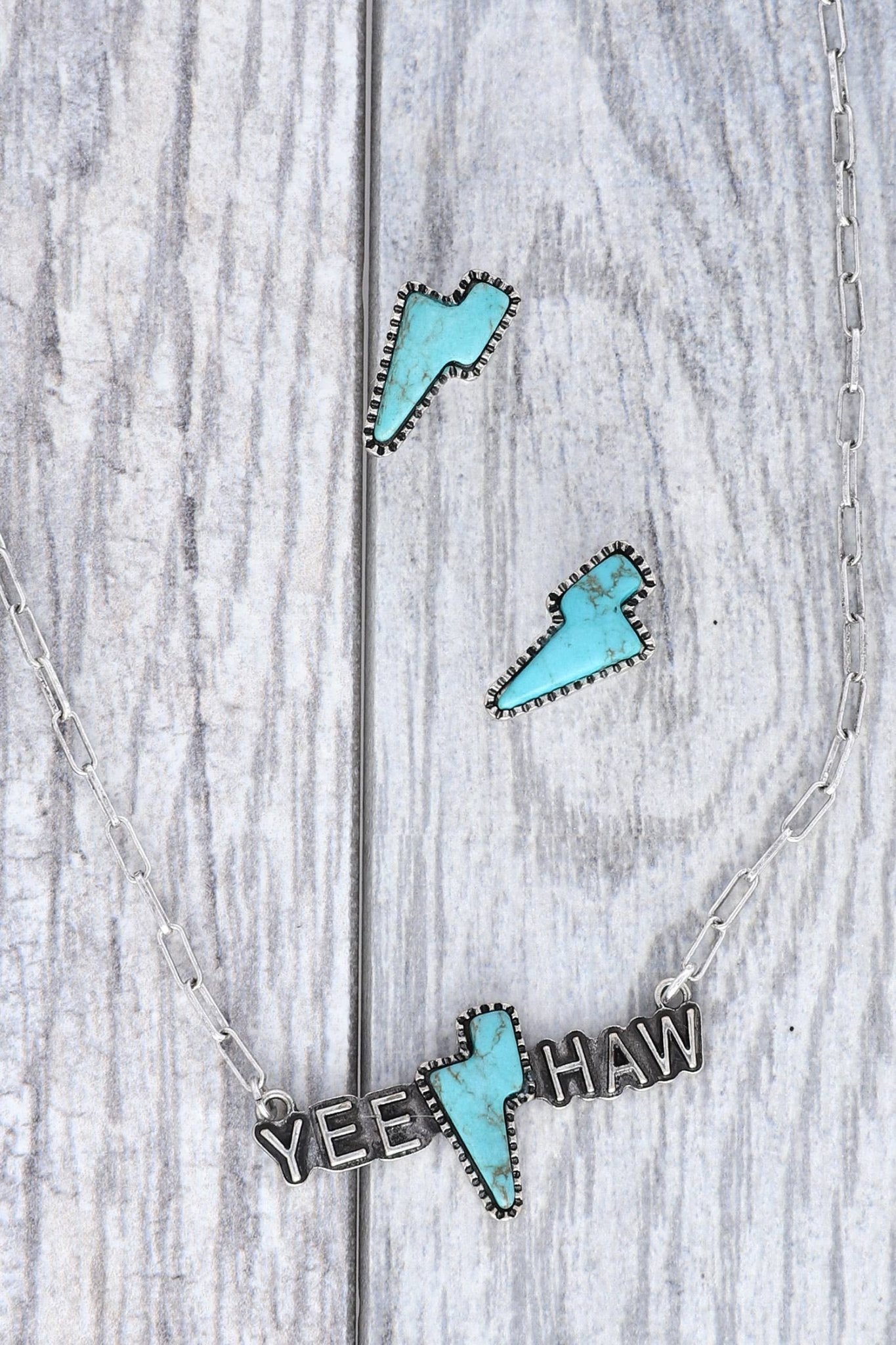 Thunderbolt Turquoise Stone "Yee Haw" Pendant Necklace Set - Nifty Decor & More